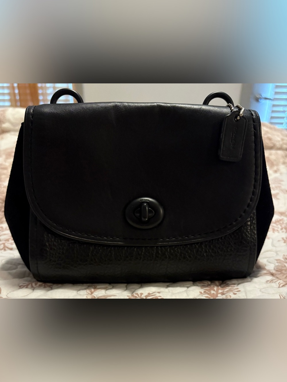 Coach Faye Black Leather and Suede  Turnlock Saddle Crossbody